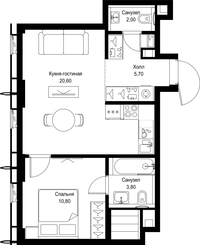 2 ккв (Евро) 42,9 м²