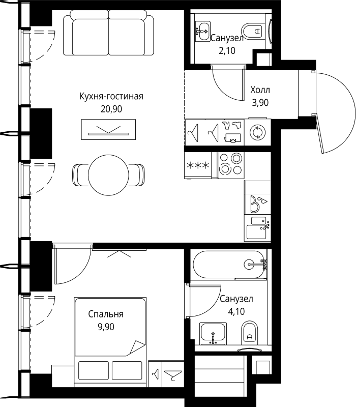 2 ккв (Евро) 40,9 м²