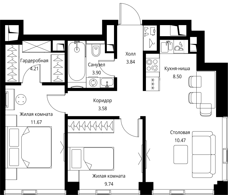 3 ккв (Евро) 55,9 м²