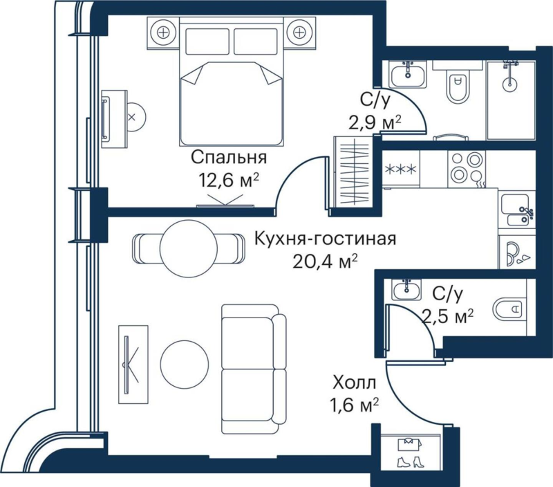 2 ккв (Евро) 38,8 м²