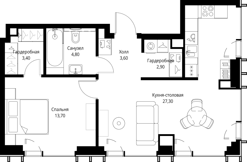 2 ккв (Евро) 55,7 м²