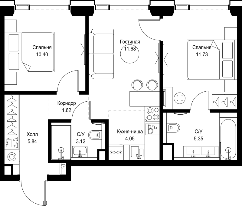 3 ккв (Евро) 53,8 м²