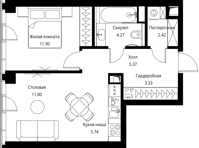 2 ккв (Евро) 44,8 м²