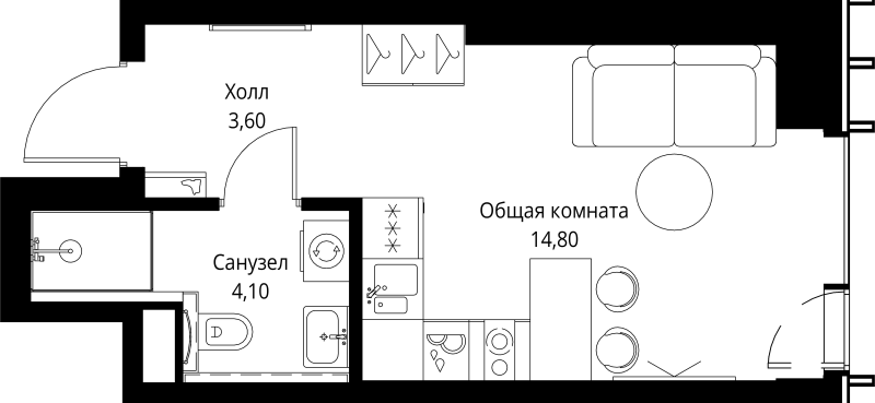 Студия 22,5 м²