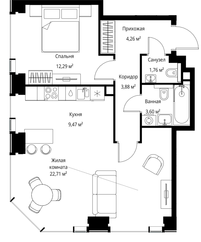 2 ккв (Евро) 58 м²