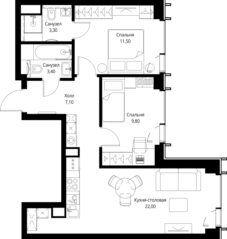 3 ккв (Евро) 57,1 м²