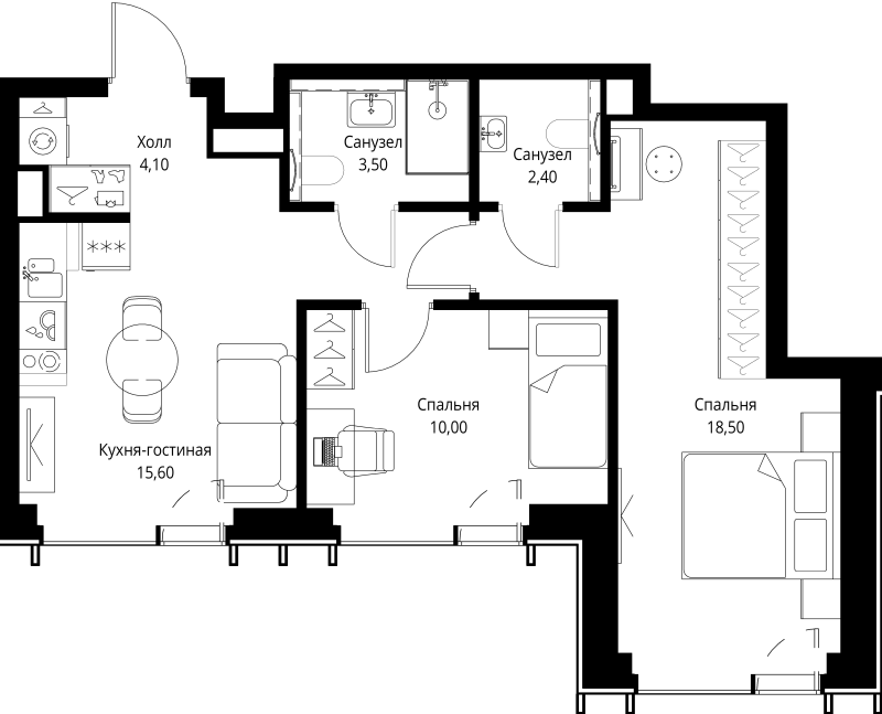 3 ккв (Евро) 55,7 м²
