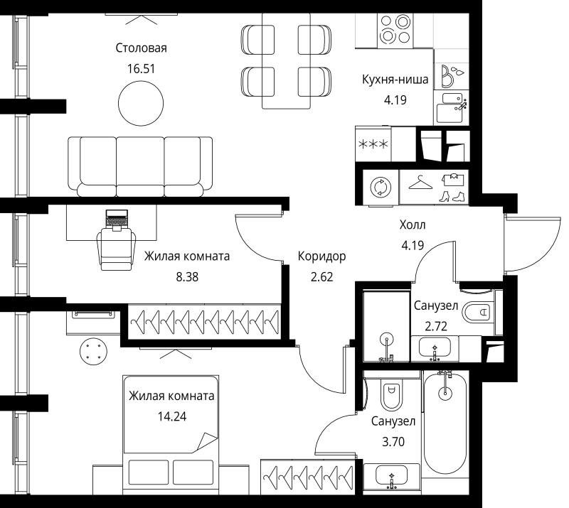 3 ккв (Евро) 56,6 м²