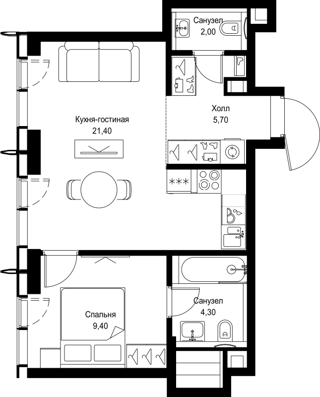 2 ккв (Евро) 42,8 м²