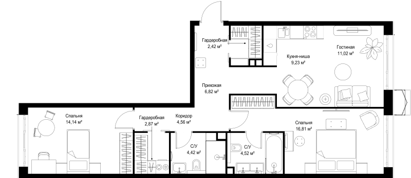 3 ккв (Евро) 76,8 м²