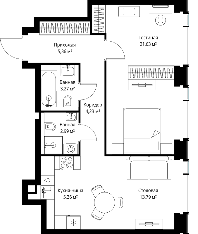 2 ккв (Евро) 56,6 м²