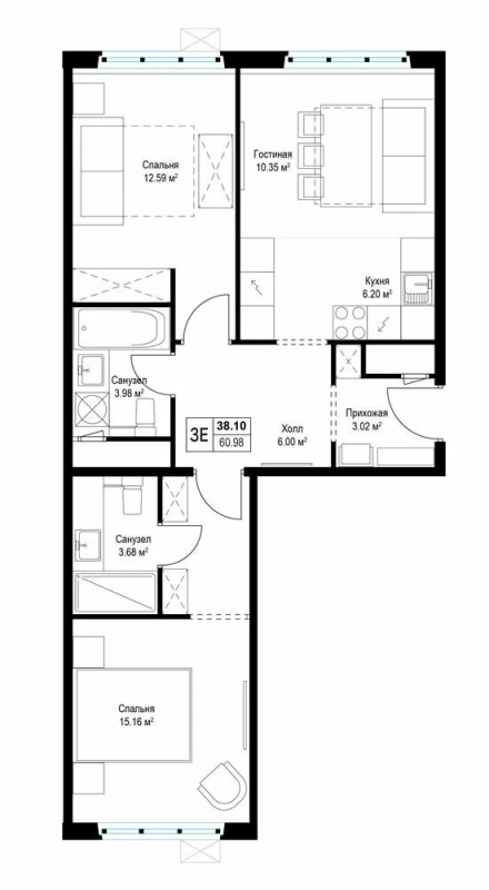 3 ккв (Евро) 60,9 м²