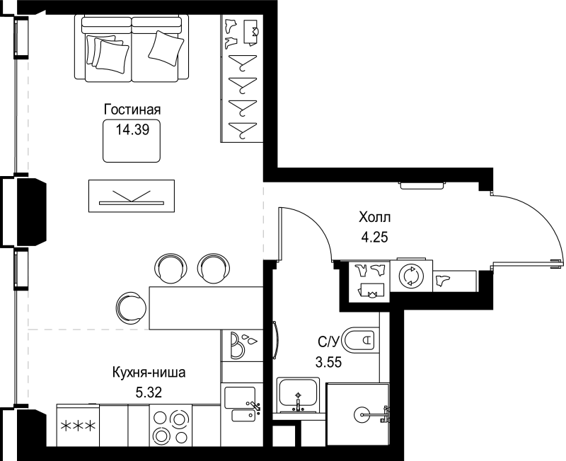 Студия 27,5 м²