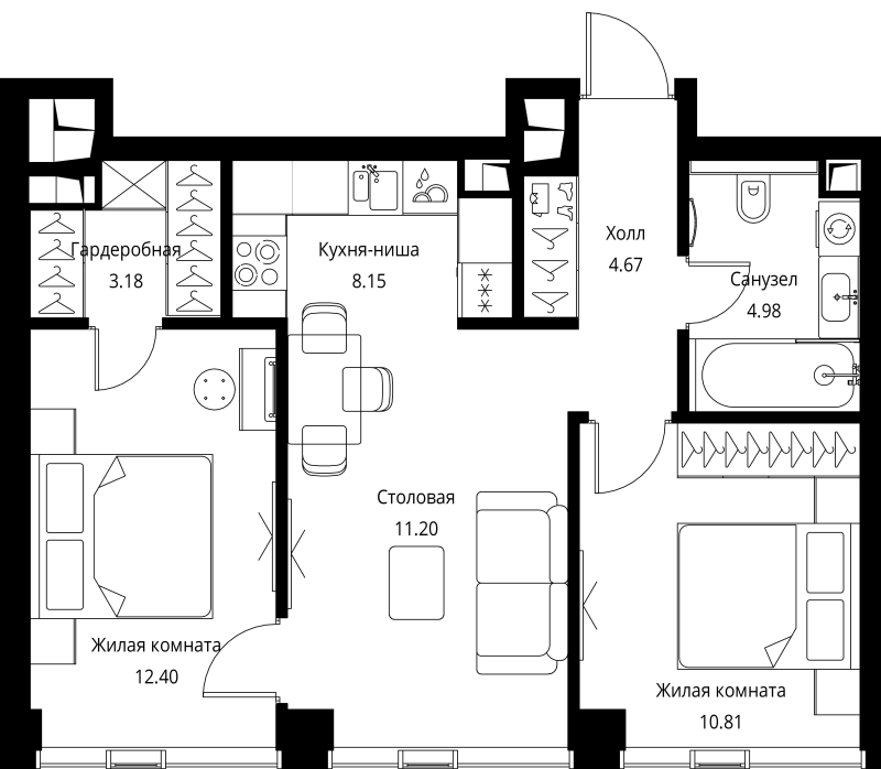 3 ккв (Евро) 55,4 м²