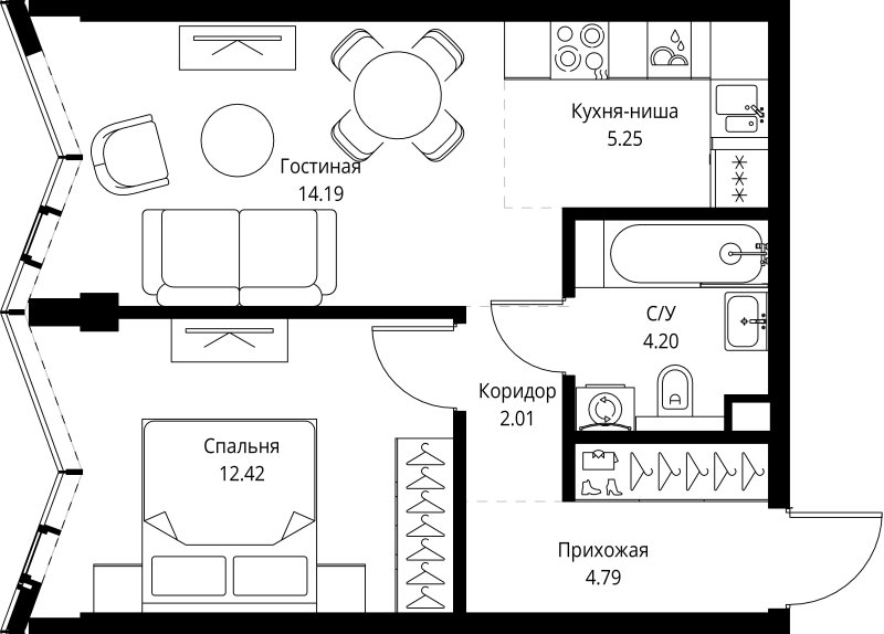 2 ккв (Евро) 42,9 м²