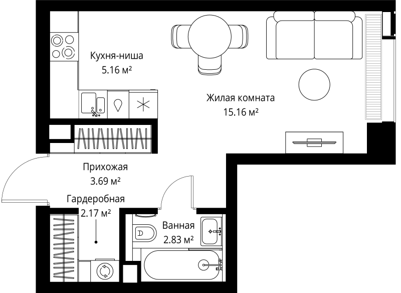 Студия 29 м²