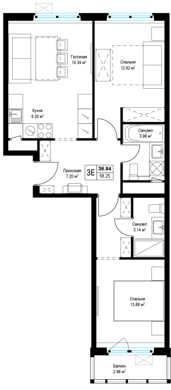 3 ккв (Евро) 58,4 м²