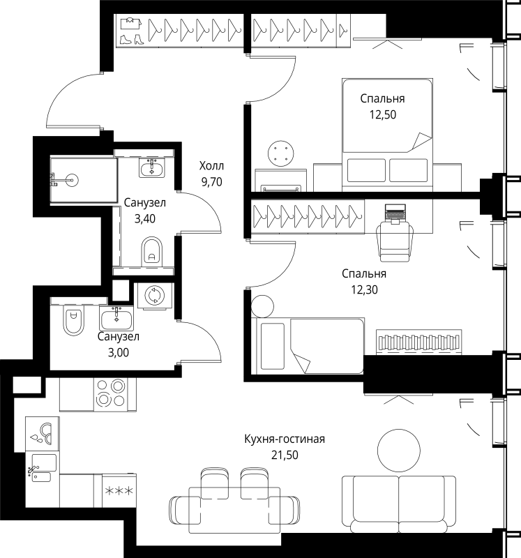 3 ккв (Евро) 63,9 м²