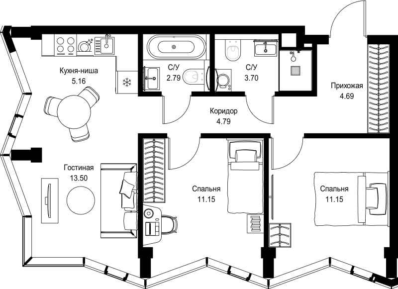 3 ккв (Евро) 56,9 м²