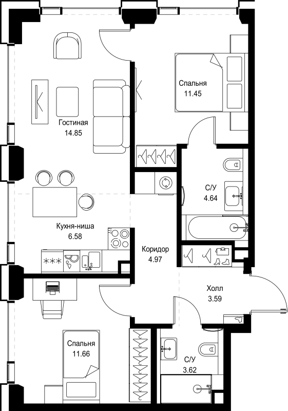 3 ккв (Евро) 61,4 м²