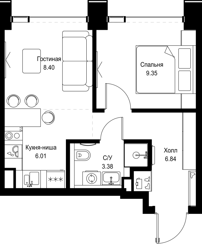 2 ккв (Евро) 34 м²