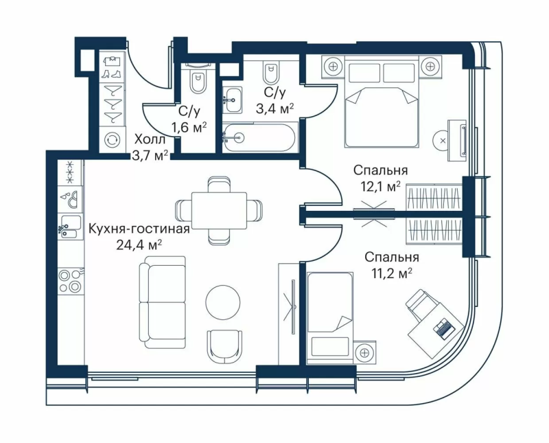 3 ккв (Евро) 54,6 м²
