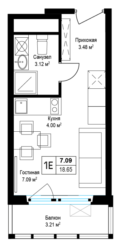 Студия 18,9 м²