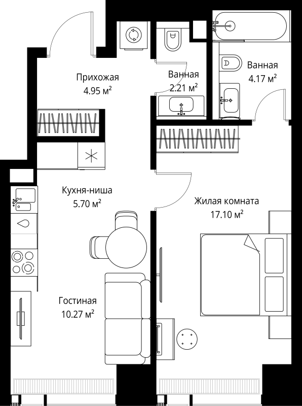 2 ккв (Евро) 44,4 м²