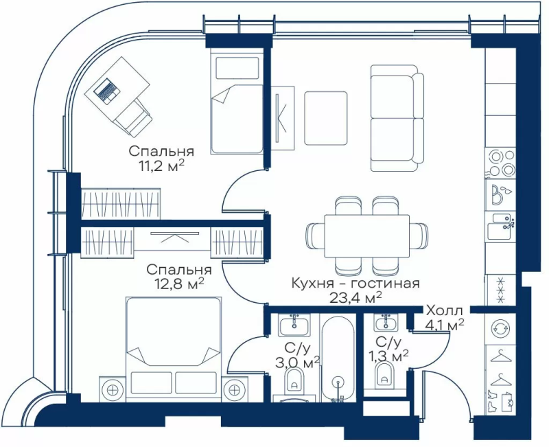 3 ккв (Евро) 54,5 м²