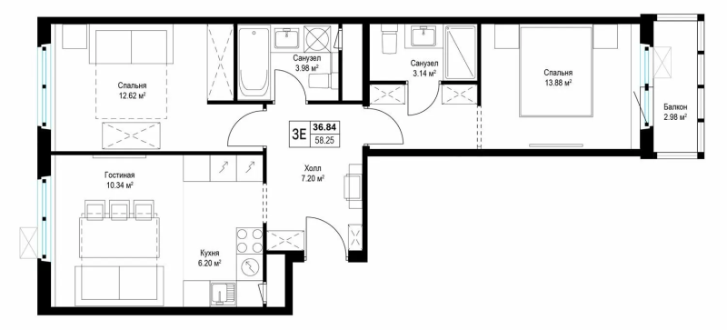 3 ккв (Евро) 58,2 м²