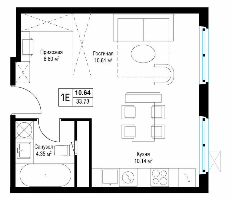Студия 33,7 м²