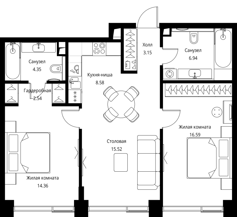 3 ккв (Евро) 72 м²