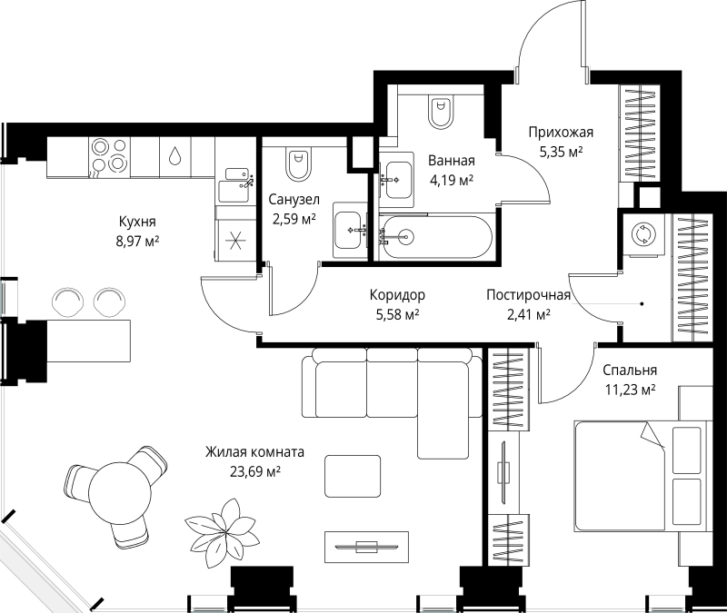 2 ккв (Евро) 64 м²
