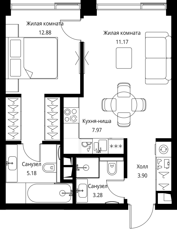 2 ккв (Евро) 44,4 м²