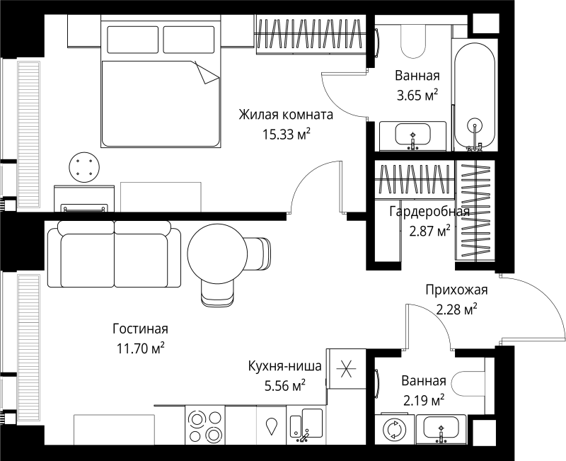 2 ккв (Евро) 43,6 м²