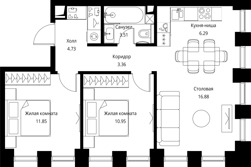 3 ккв (Евро) 57,6 м²