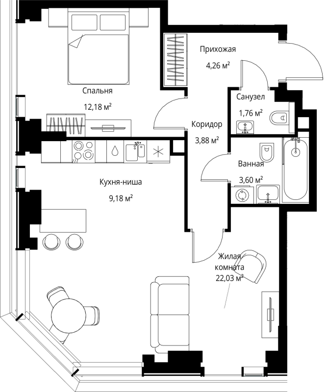 2 ккв (Евро) 56,9 м²