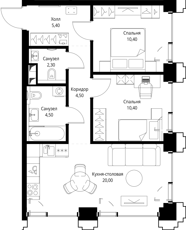 3 ккв (Евро) 58 м²