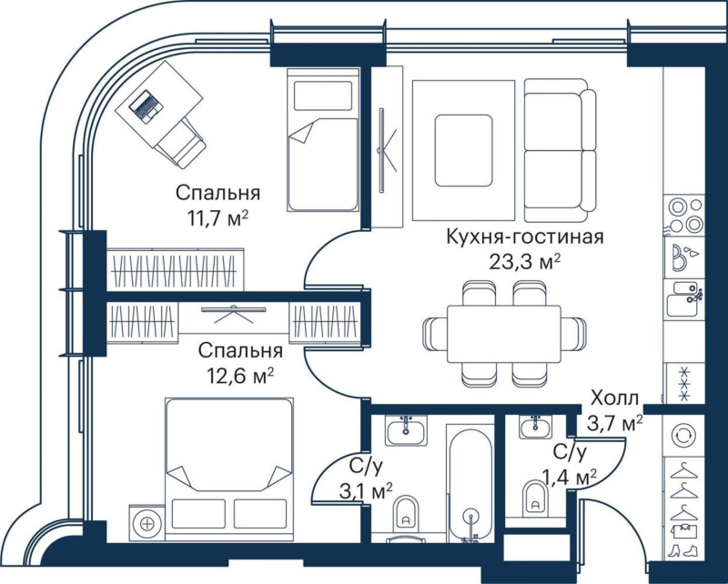 3 ккв (Евро) 54,4 м²
