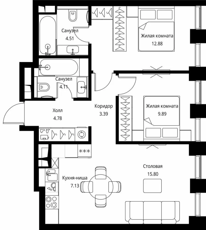 3 ккв (Евро) 62,5 м²
