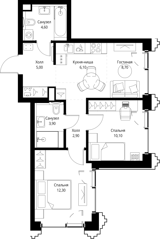 3 ккв (Евро) 53,6 м²