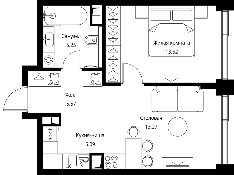 2 ккв (Евро) 42,7 м²