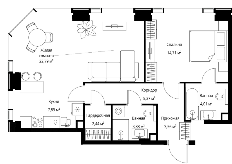 2 ккв (Евро) 64,7 м²