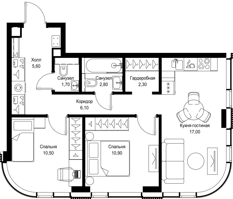 3 ккв (Евро) 56,9 м²