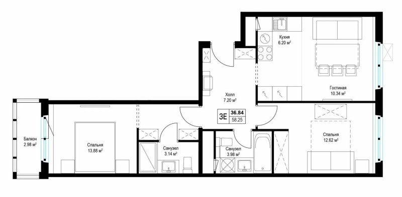 3 ккв (Евро) 58,3 м²