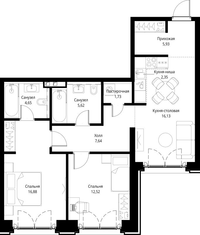 3 ккв (Евро) 73,5 м²