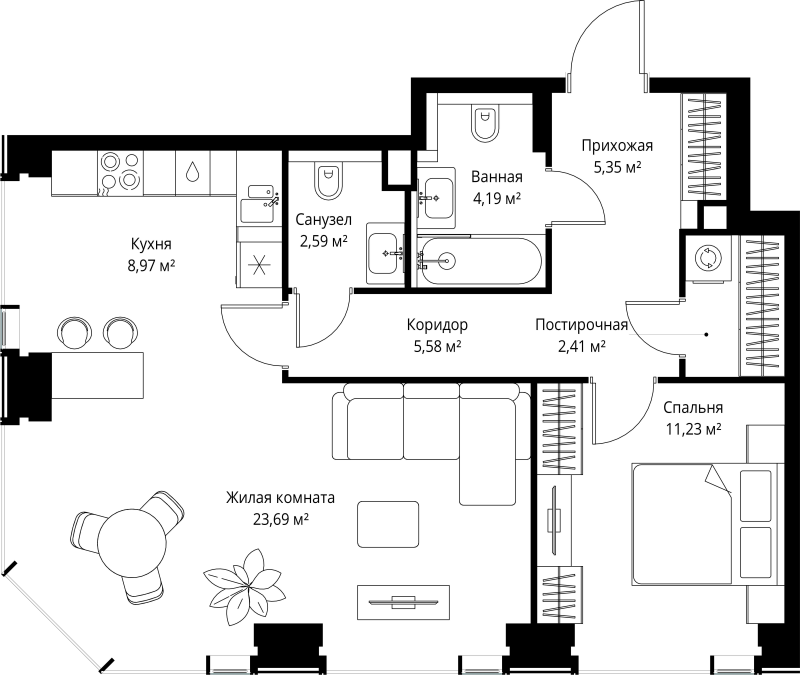 2 ккв (Евро) 64 м²