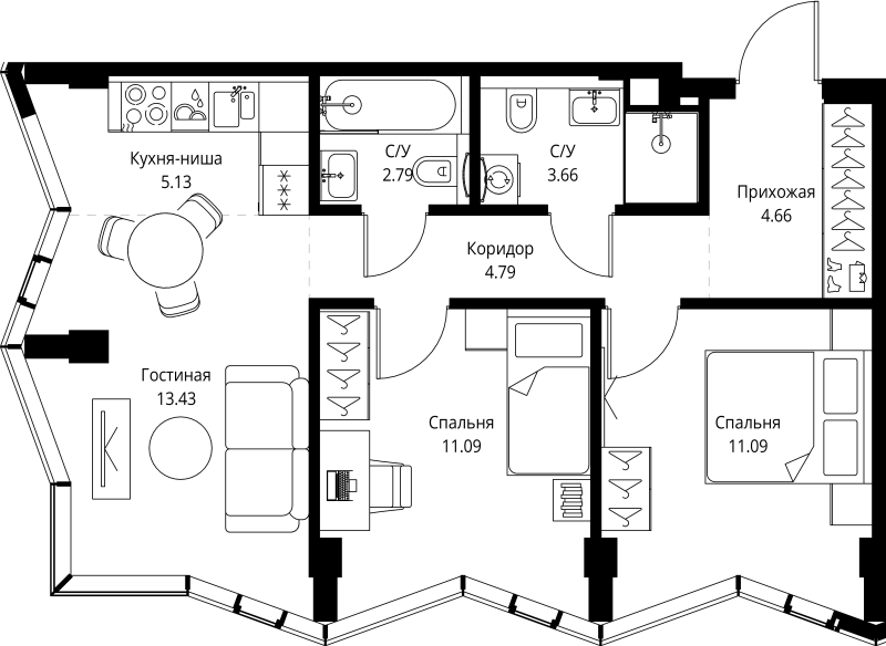3 ккв (Евро) 56,6 м²