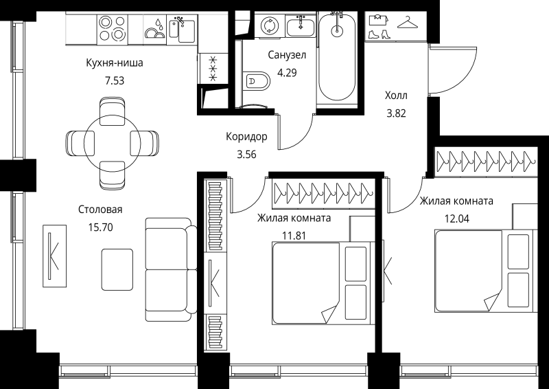 3 ккв (Евро) 58,8 м²