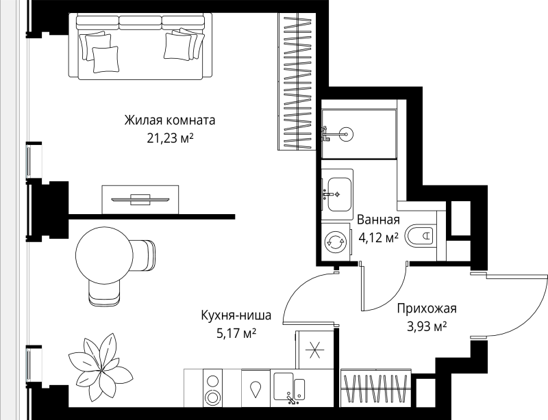 Студия 34,5 м²